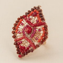 18k gold-plated adjustable ring, embroidered with jablonex stones and red crystals.