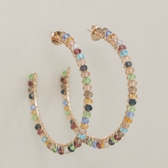 Large 18k gold-plated hoop earring, embroidered with a mix of colored crystals.