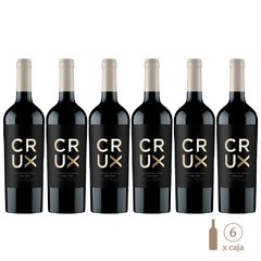 Seis botellas de vino Crux Xtra Cabernet Sauvignon de 750 cc cada una, presentadas en fila.