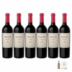 Seis botellas de vino Trapiche Terroir Series Malbec Finca Ambrosía, con etiquetas visibles y tapa roja.