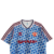 Camisa retro azul do Manchester United de 1990, modelo Adidas, com estampa geométrica e logo do time.