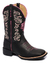 Bota Texana Feminina Couro Preto Bordado Flor Rosa