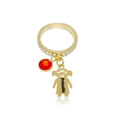 ANEL ZIRCONADO COM ADORNO BONECO E NOME PERSONALIZADO - AL 58 BANHADO OURO 18K