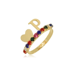 ANEL COM ZIRCONIA COLORIDA E INICIAL - AL 98 BANHADO OURO 18K