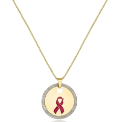 COLAR MEDALHA COM LAÇO ROSA E BORDA EM RÓDIO - CL 667 BANHADO OURO 18K