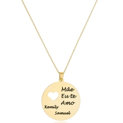 COLAR REDONDO COM CORAÇÃO VAZADO MÃE EU TE AMO E NOME DOS FILHOS PERSONALIZADO - CL 706 BANHADO OURO 18K