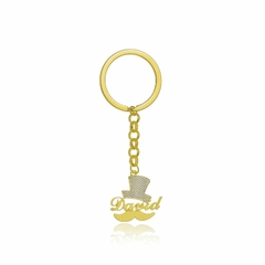 CHAVEIRO CARTOLA E BIGODE COM NOME PERSONALIZADO - DV 17 BANHADO OURO 18K