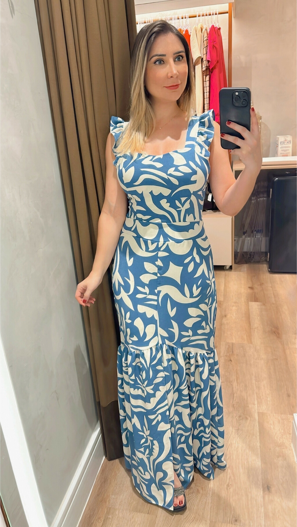Vestido Longo Duna Sereia Estampado Azul Petr leo