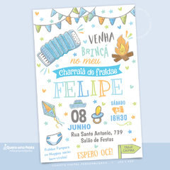 Convite Chá de Bebê Festa Junina Azul Digital