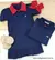 Kit Pai e Filha Camisa Polo Azul Marinho e Vermelho Vestido Polo Azul Marinho e Laço Vermelho Índigo Trend