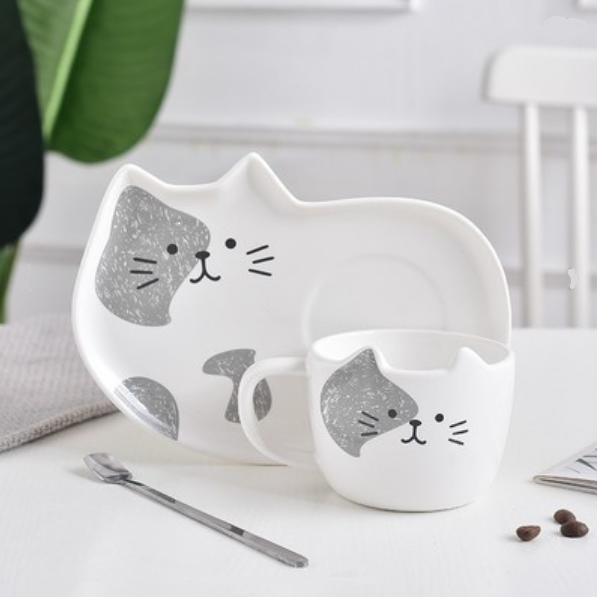 Set Taza Gatitos Ceramica Bandeja Cuchara