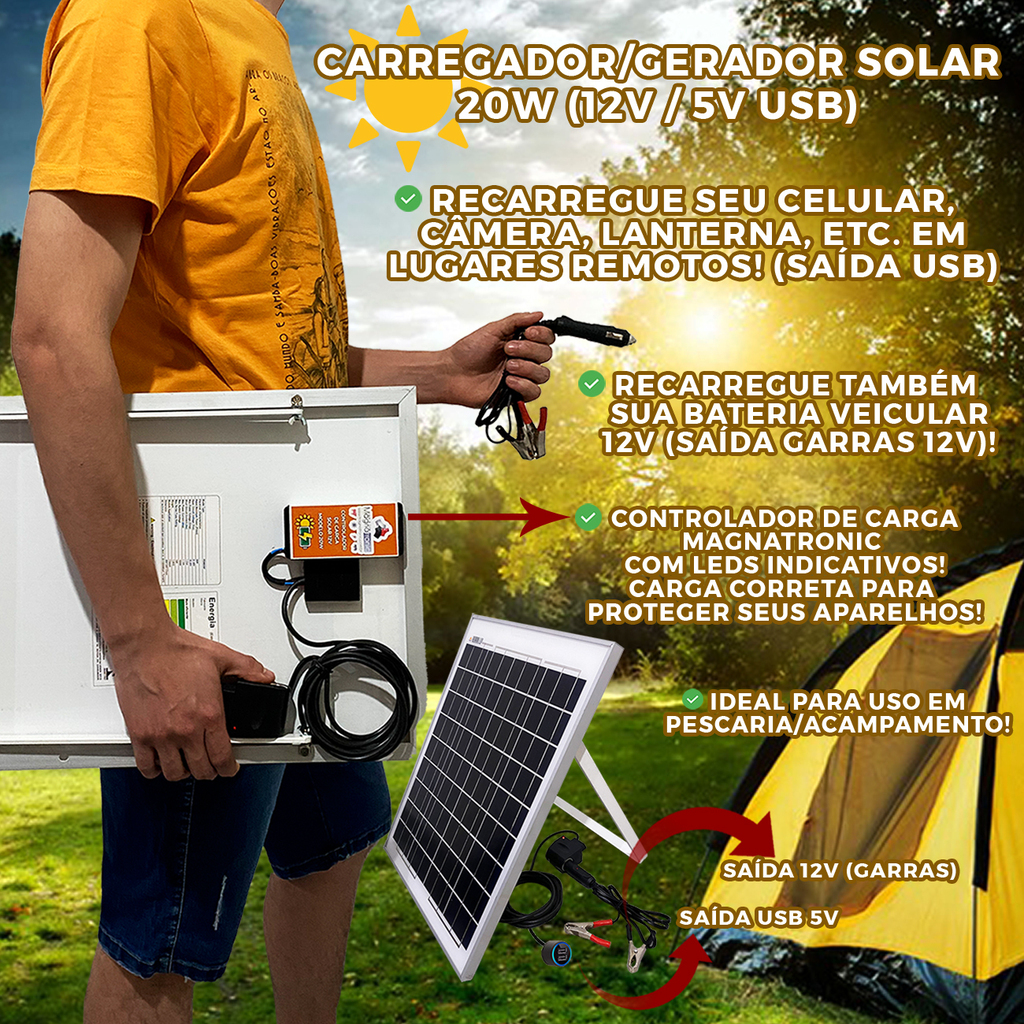 Carregador Solar para Celular e USB 5V e Baterias 12V 20W 2 em 1