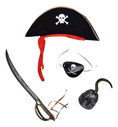 Kit Disfraz Pirata Sombrero Parche Aro Pañuelo Halloween