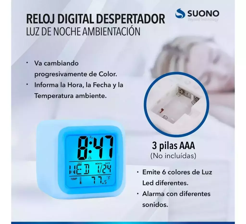Reloj De Mesa Suono Despertador Cubo Hog0019 Colores Luz Led