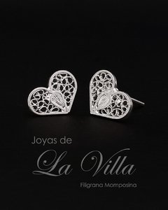 Aretes tipo topo corazón tejido con amor. Filigrana Momposina Plata Ley 950