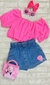 Conjunto Blusa Ciganinha Rosa Neon Short Saia Jeans Kukiê - Mãe de Anjo Moda Infantil