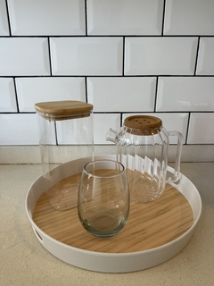 Set Bandeja de fibra de Bambú + frasco de vidrio con Tapa y cuchara de bambú + jarra de 1l de vidrio con tapa de corcho
