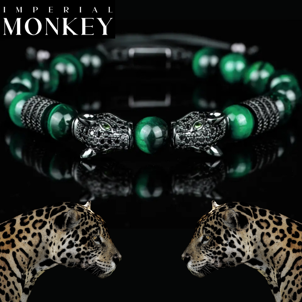 Pulsera cabezas de jaguar con zirconias y piedra ojo de tigre. copia