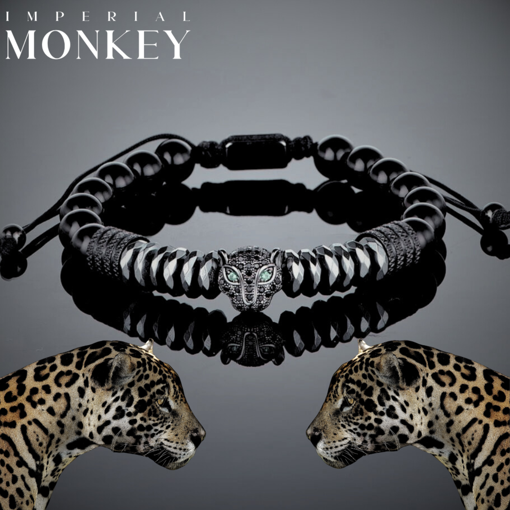 Pulsera cabeza de jaguar con zirconias cuentas de hematita y piedra ojo de tigre bano de