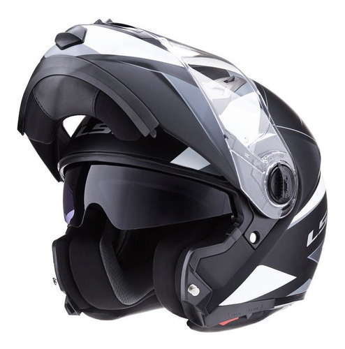 Casco Moto Ls2 Rebatible 370 Stripe Negro Blanco Doble Visor