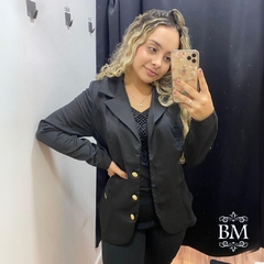 Blazer Comprido, Preto, Crepe, Botões, Bolsos, Feminine BM0987