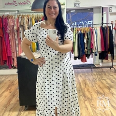 Vestido em Crepe Poá, Off White, Decote Quadrado com Amarração Costa, Forro, Feminine BM1231