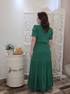 Vestido Longo Verde, em Crepe Seda, Forrado, Saia 3 Marias, Cinto, Collucci BM1254 na internet