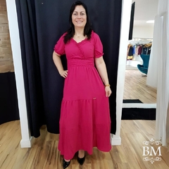 Vestido Longo, Crepe Amassado, Pink, Decote Transpassado, Detalhe Babado, Lastex Cintura, Feminine BM0892