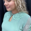 Blusa em Crepe, Verde Água, Manga Curta emTule e Pérolas, Gola em Guipir , Lilaisa BM1005VA