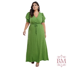 Vestido Longo, Plus, Poliviscose Plissada, Verde, Manga Bufante Elástico, Decote V, Cinto, Forro, Dona Charme BM1234V