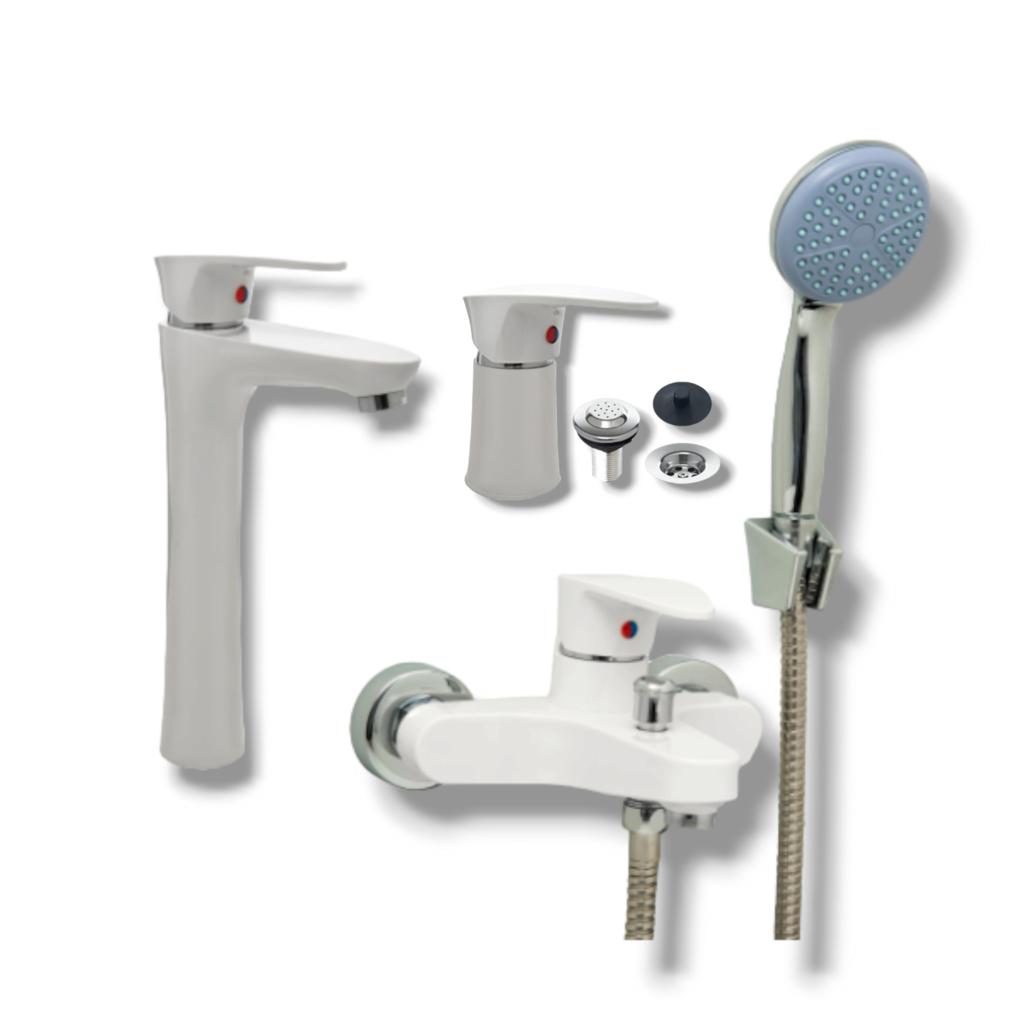 COMBO MOZART 4 DUCHA CON TRANSFERENCIA GRIFERIA DE VANITORY ALTA GRIFERIA DE BIDET BLANCO