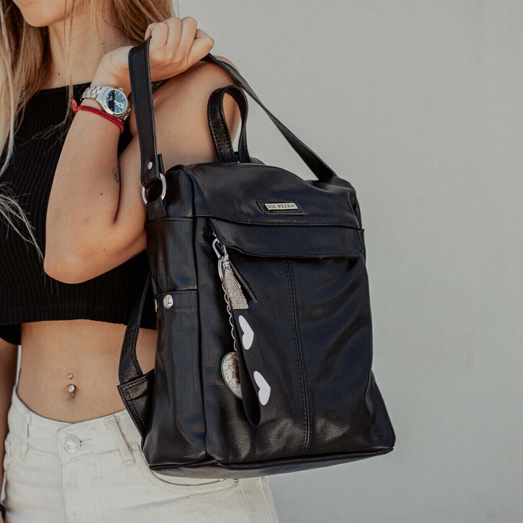 Mochila Cartera de Cuero Negra Cuadrada