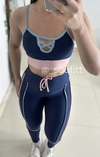 Conjunto de legging empina bumbum poliamida marinho com viés colorido