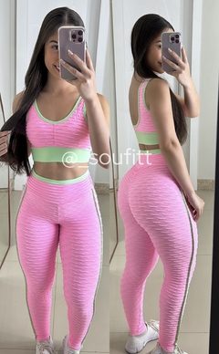 Conjunto de legging empina bumbum brocado rosa chiclete com verde lima - comprar online