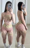 Conjunto de short empina bumbum poliamida estampa de glitter rosê