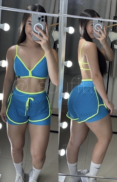 Conjunto de short duplo poliamida azul com neon