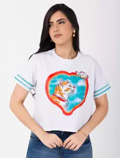 Blusa Semi Cropped Coração Gato Custom Meia Malha Branca 1761833