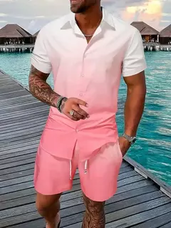 Shorts e camisa de botão masculino, impressão gradiente, terno de lapela flip com duas peças, moda casual, bom para homens, verão - Wolf Magazine