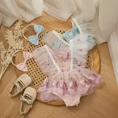 Vestido de princesa Chiffon para bebês, macacão, guarnição de renda, borboleta, roupas infantis, manga voadora, saia de tule, bodysuits bainha, bandana - Wolf Magazine