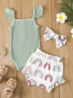 Recém-nascido Bebê Menina Roupas Set, Bodysuit Sem Mangas, Shorts Impresso, Roupas Verão, Terno, 3Pcs na internet