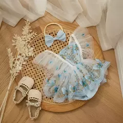 Imagem do Vestido de princesa Chiffon para bebês, macacão, guarnição de renda, borboleta, roupas infantis, manga voadora, saia de tule, bodysuits bainha, bandana