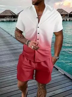 Imagem do Shorts e camisa de botão masculino, impressão gradiente, terno de lapela flip com duas peças, moda casual, bom para homens, verão