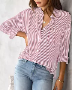 Blusa de manga longa feminina, camisa listrada rosa, estampa clássica, botão, casual, sem bolsos, camisa básica diária, tops de outono e inverno, 2021 na internet