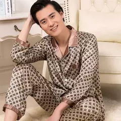 Imagem do Conjuntos de pijama masculino de cetim de seda manga comprida, pijamas masculinos, camisola estampada, Casa, Soft Cozy Sleepwear Calças, Novo