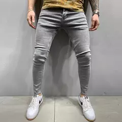 Cinza cor pura jeans homens cintura elástica calças de brim magros 2021 estiramento sem rasgado calças streetwear preto dos homens denim na internet