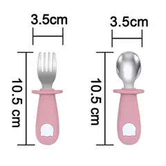 Imagem do Bebê alimentação sólida colher e garfo conjunto, sem BPA, alça de silicone, urso dos desenhos animados, utensílio inoxidável, talheres infantis, novo design