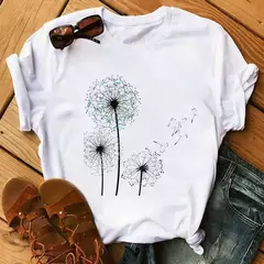 Maycaur-camiseta estampada dente-de-leão fofa para mulheres, camiseta estampada gráfica dos desenhos animados, camisa branca casual para senhoras, camiseta nova e engraçada - Wolf Magazine