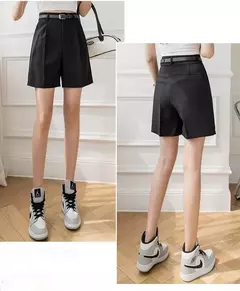 Shorts de salto com zíper, shorts da moda para mulheres, de high street, com cortina, casual, cor sólida, com cintura alta, para escritório, verão e com cinto