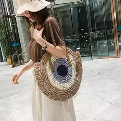 Bolsa de ombro redonda de palha de verão, bolsa de mão feminina de grande capacidade, artesanal, bolsas de praia de vime da moda, bolsa de mão, férias na internet