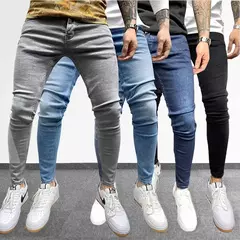 Cinza cor pura jeans homens cintura elástica calças de brim magros 2021 estiramento sem rasgado calças streetwear preto dos homens denim - Wolf Magazine